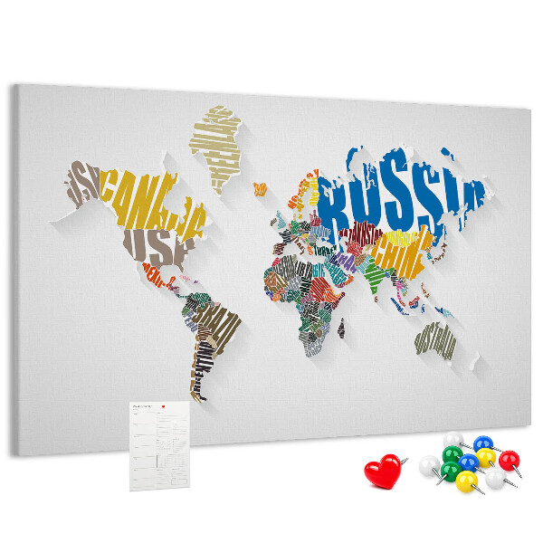 Cork memo board Textual world map