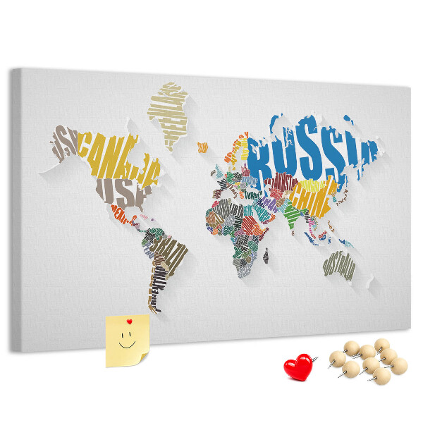 Cork memo board Textual world map