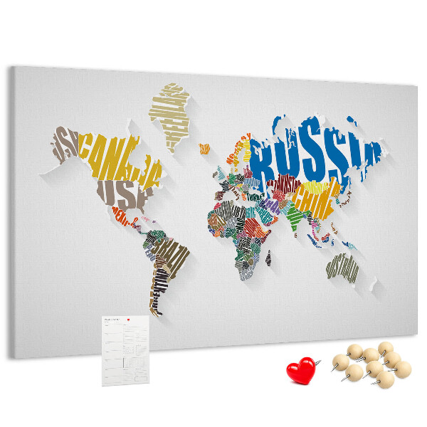 Cork memo board Textual world map