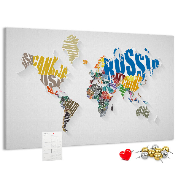 Cork memo board Textual world map