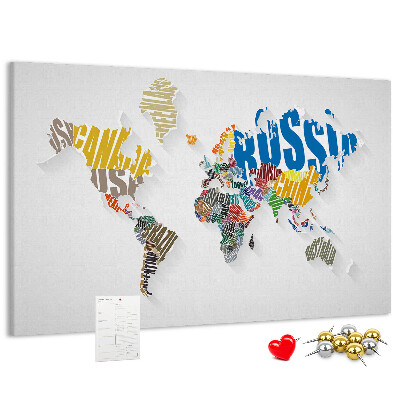 Cork memo board Textual world map