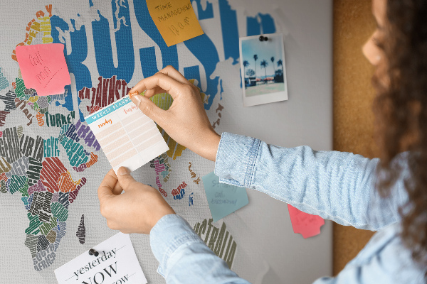 Cork memo board Textual world map