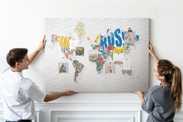 Cork memo board Textual world map