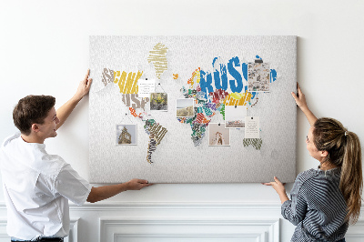 Cork memo board Textual world map