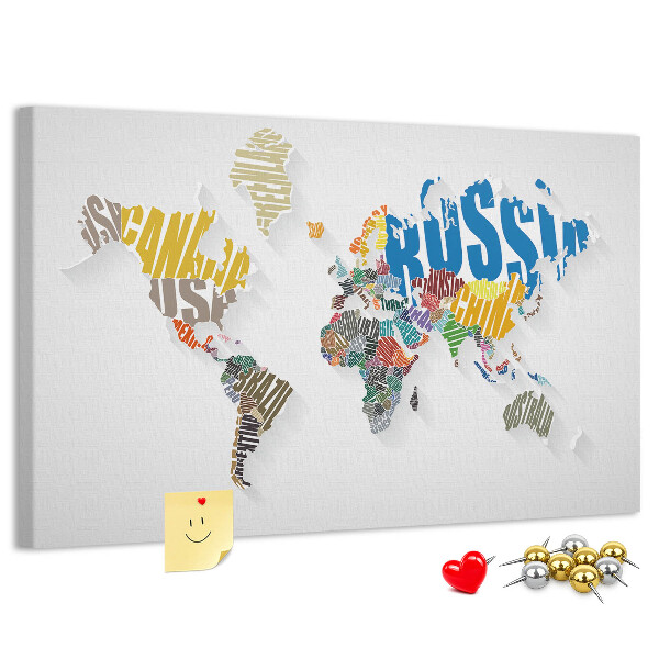 Cork memo board Textual world map