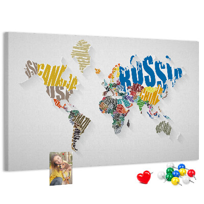 Cork memo board Textual world map