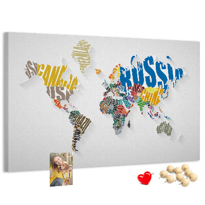 Cork memo board Textual world map