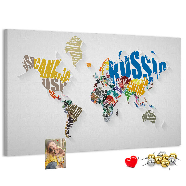 Cork memo board Textual world map
