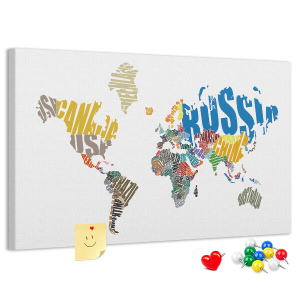 Cork display board Textual world map