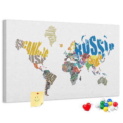 Cork display board Textual world map