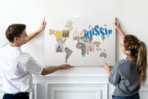 Cork display board Textual world map