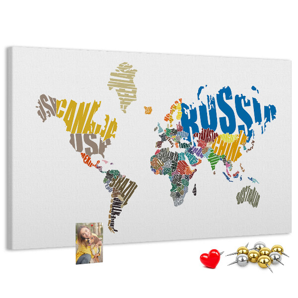 Cork display board Textual world map