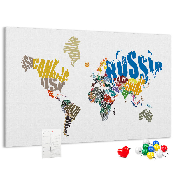 Cork display board Textual world map