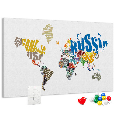 Cork display board Textual world map