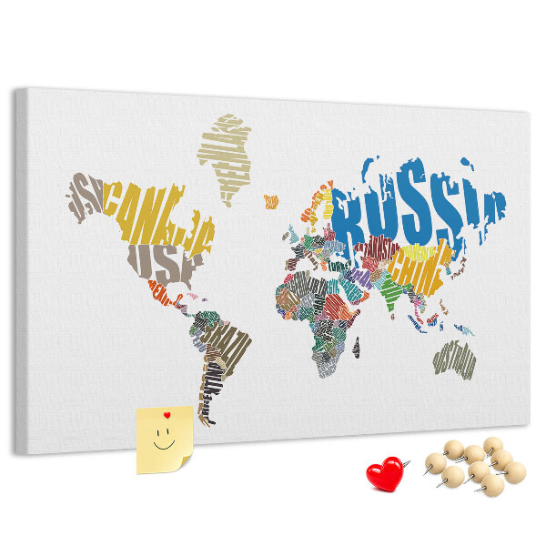 Cork display board Textual world map