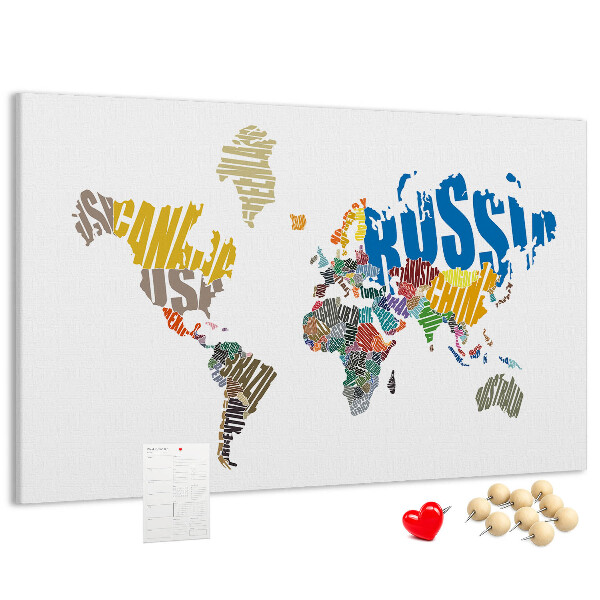 Cork display board Textual world map
