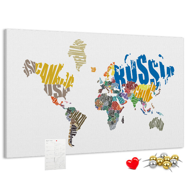 Cork display board Textual world map