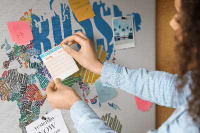 Cork display board Textual world map