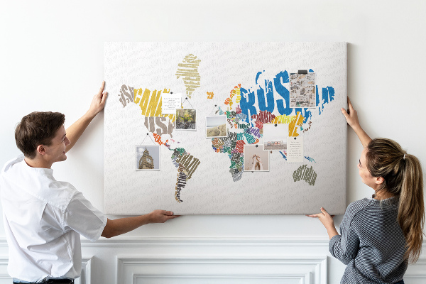 Cork display board Textual world map