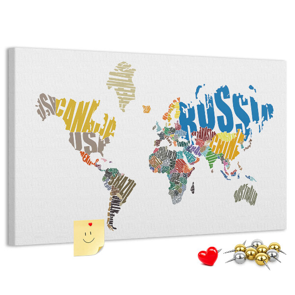 Cork display board Textual world map