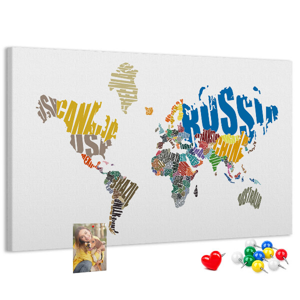 Cork display board Textual world map