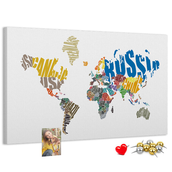 Cork display board Textual world map