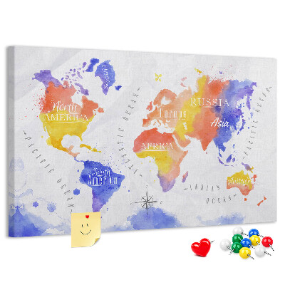 Cork memo board Watercolor world map