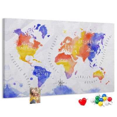 Cork memo board Watercolor world map