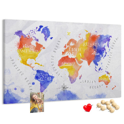 Cork memo board Watercolor world map