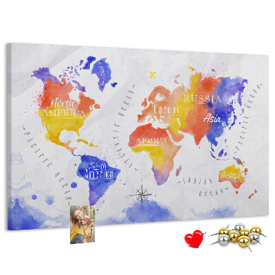 Cork memo board Watercolor world map