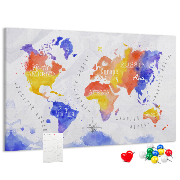 Cork memo board Watercolor world map