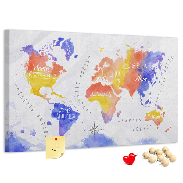 Cork memo board Watercolor world map