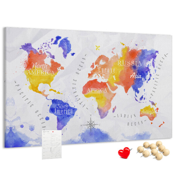 Cork memo board Watercolor world map