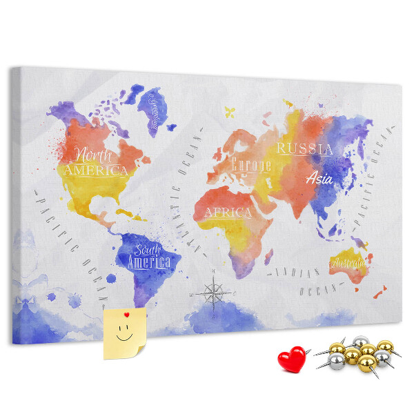 Cork memo board Watercolor world map