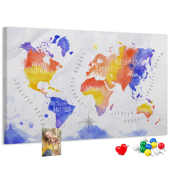 Cork memo board Watercolor world map