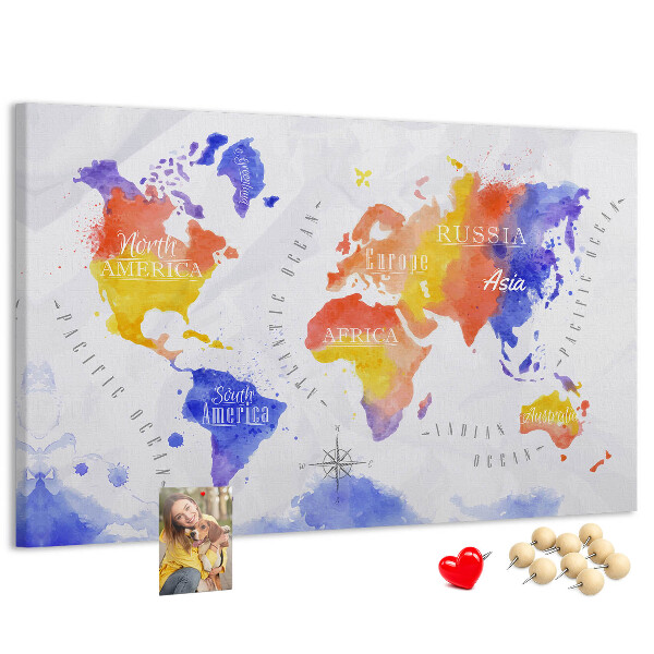 Cork memo board Watercolor world map