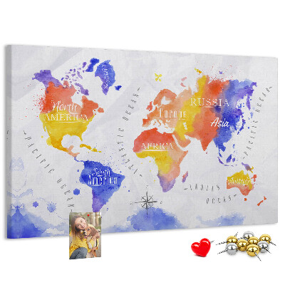 Cork memo board Watercolor world map