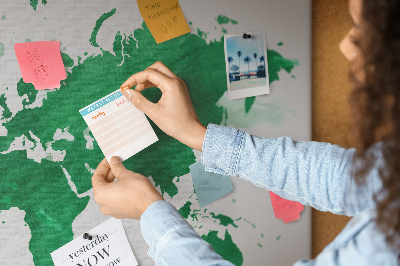 Cork board Green world map