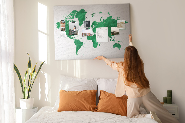 Cork board Green world map