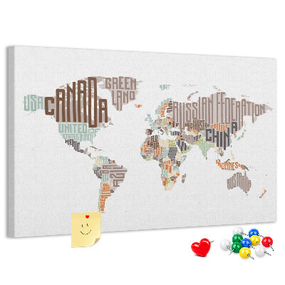 Cork memo board World map colorful letters