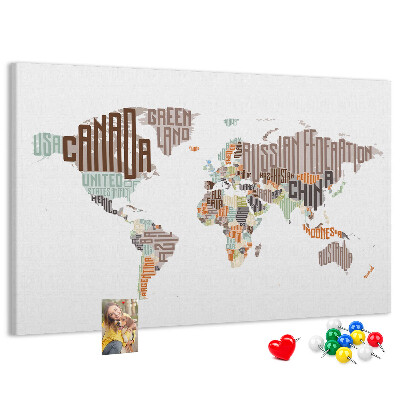 Cork memo board World map colorful letters