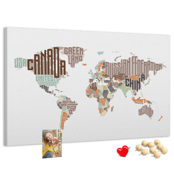Cork memo board World map colorful letters
