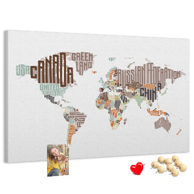 Cork memo board World map colorful letters
