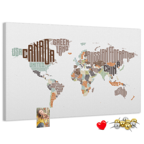Cork memo board World map colorful letters