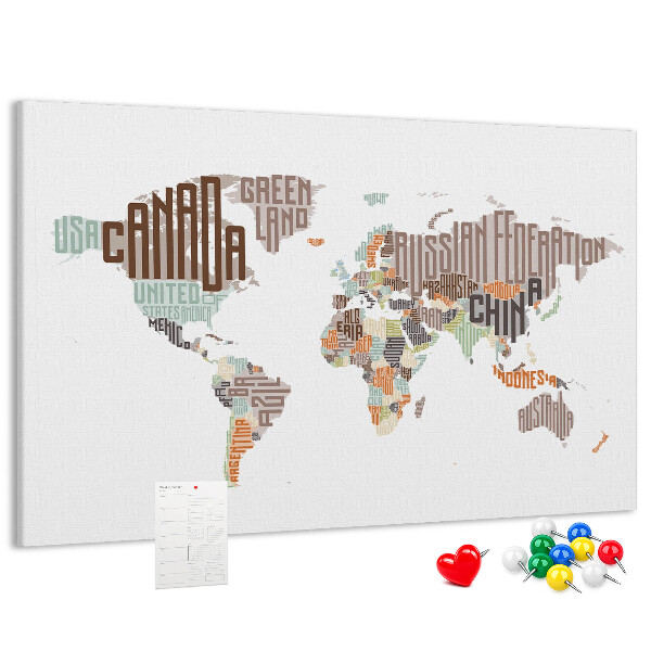 Cork memo board World map colorful letters