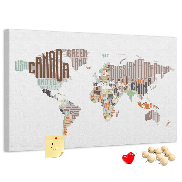 Cork memo board World map colorful letters