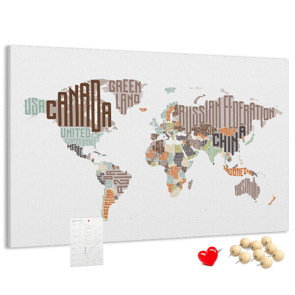 Cork memo board World map colorful letters