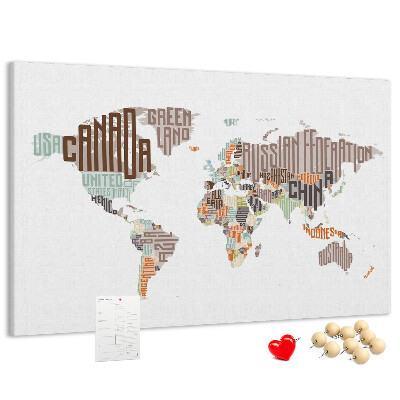 Cork memo board World map colorful letters