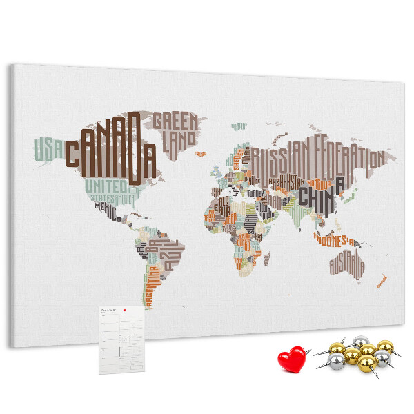 Cork memo board World map colorful letters