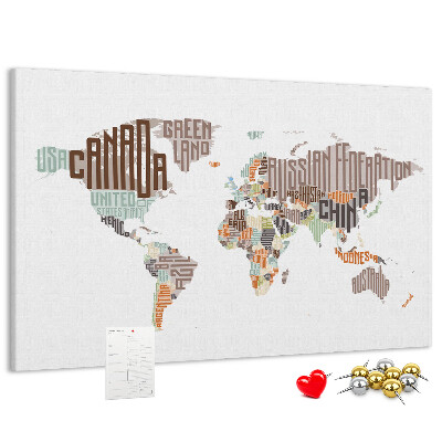 Cork memo board World map colorful letters